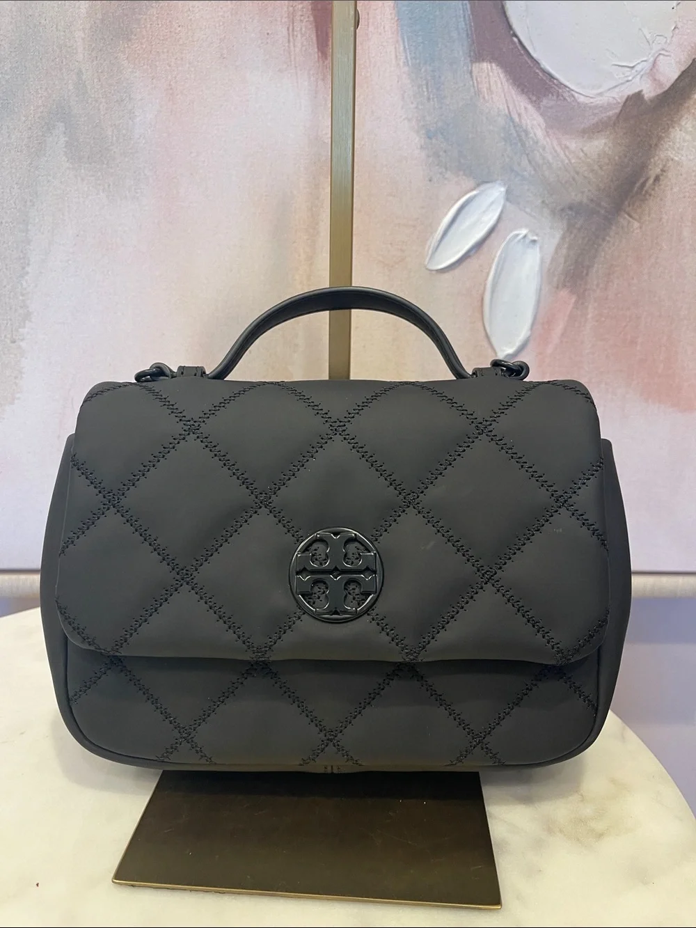 NWOT Tory Burch Black Willa Quilted Top-Handle Satchel with Logo Medallion
